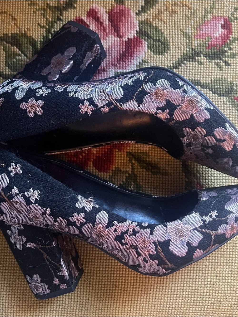 Rampage Black Pumps with Pink Floral Brocade